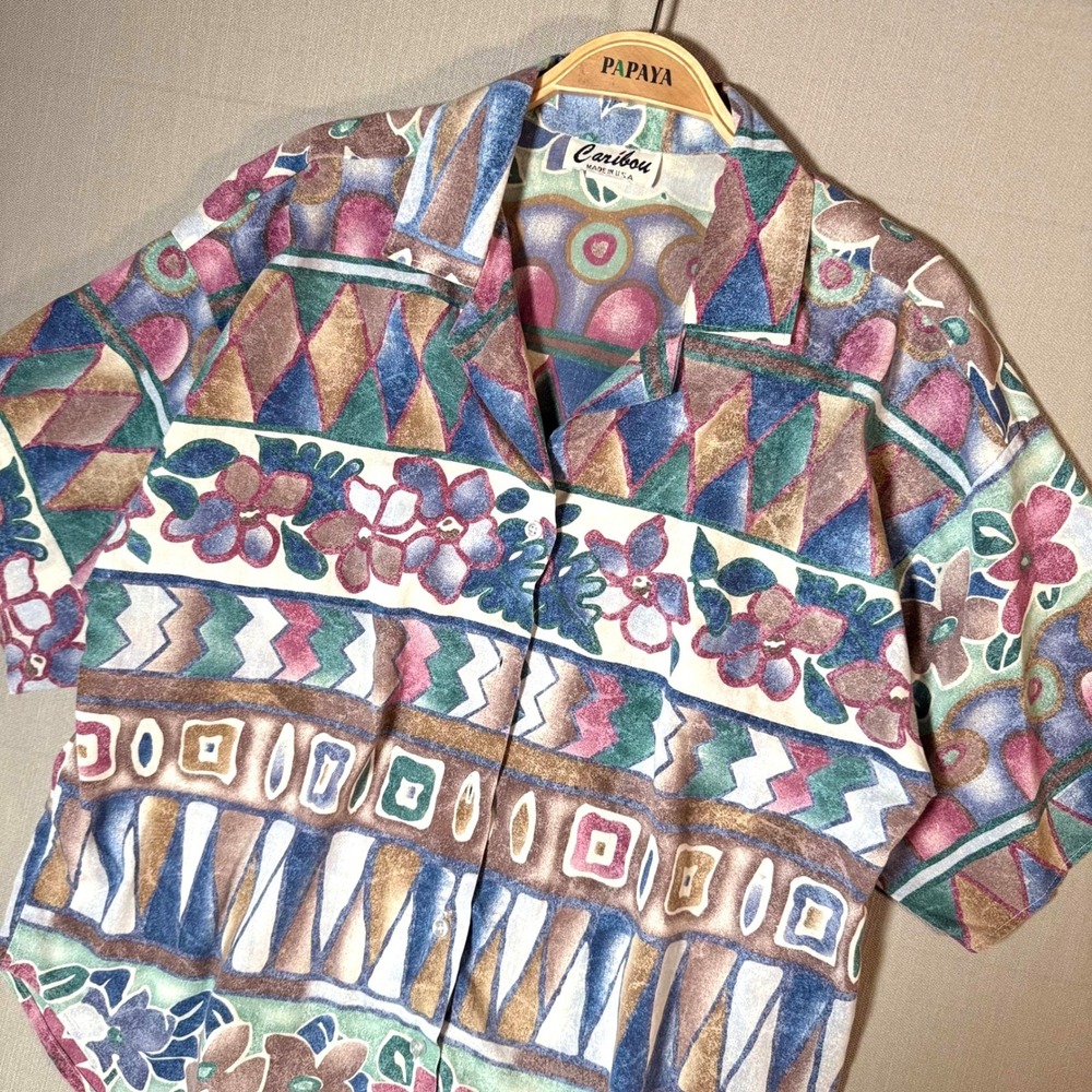 Vintage Caribou Abstract Floral Button Up Shirt Retro 90s‎ Boxy Fit Multicolor L